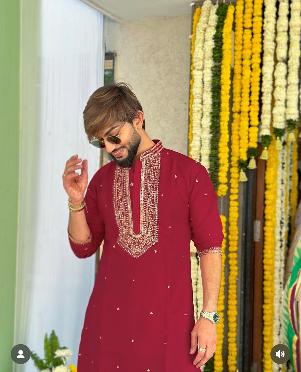 MARRON NECK SEQUENCE EMBROIDERED WORK KURTA PAJAMA SET FOR MEN'S