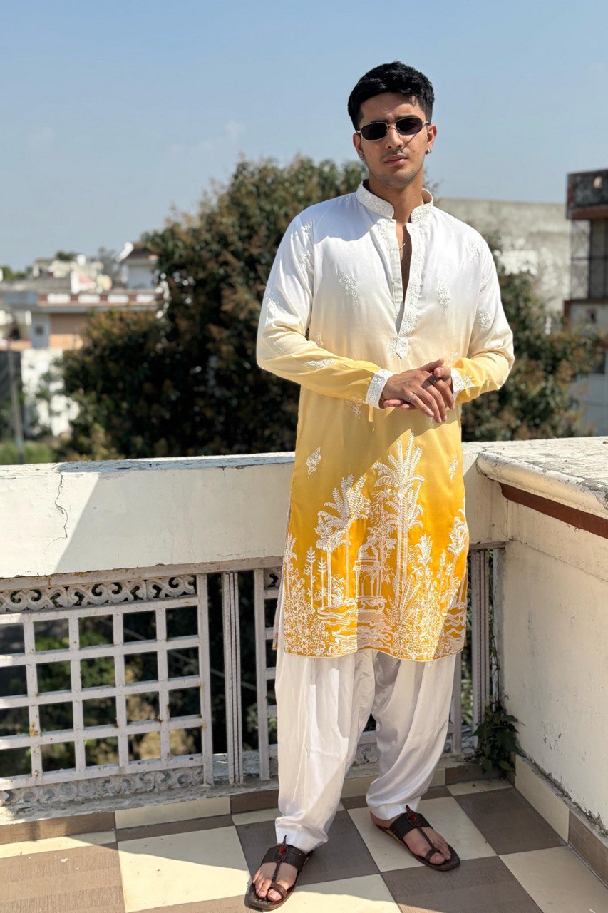 YELLOW & WHITE OMBRE EMBROIDERED WORK KURTA PAJAMA SET FOR MEN'S