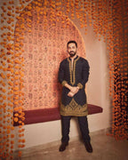 BLACK EMBROIDERED KURTA PAJAMA AND DUPATTA SET FOR MEN'S