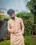PEACH HEND WORK MOTIF EMBROIDERED KURTA WITH WHITE PAJAMA
