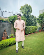 PEACH HEND WORK MOTIF EMBROIDERED KURTA WITH WHITE PAJAMA