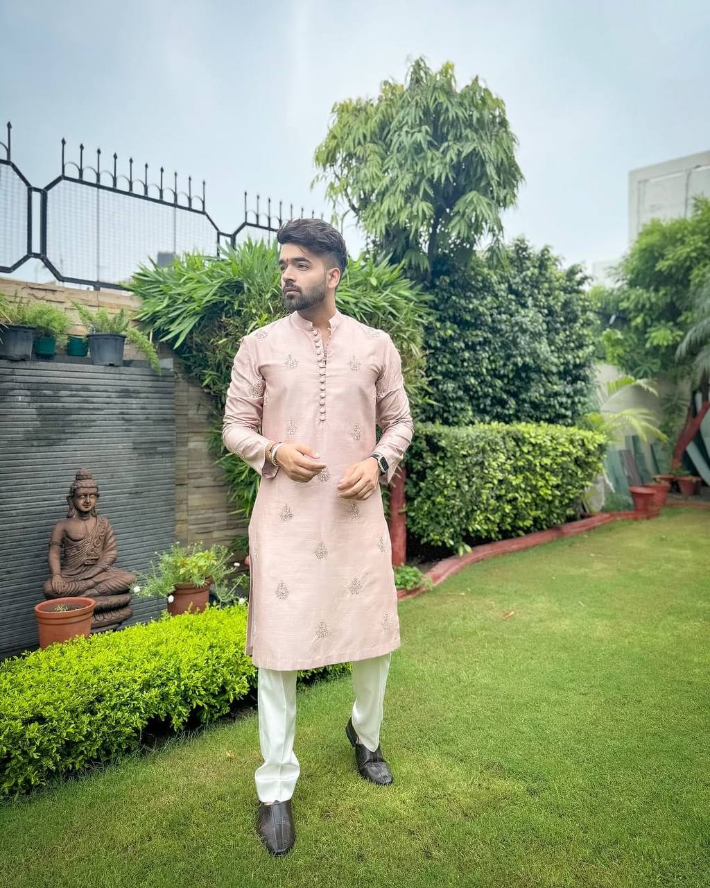 PEACH HEND WORK MOTIF EMBROIDERED KURTA WITH WHITE PAJAMA