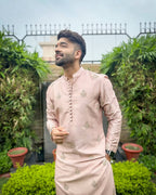 PEACH HEND WORK MOTIF EMBROIDERED KURTA WITH WHITE PAJAMA