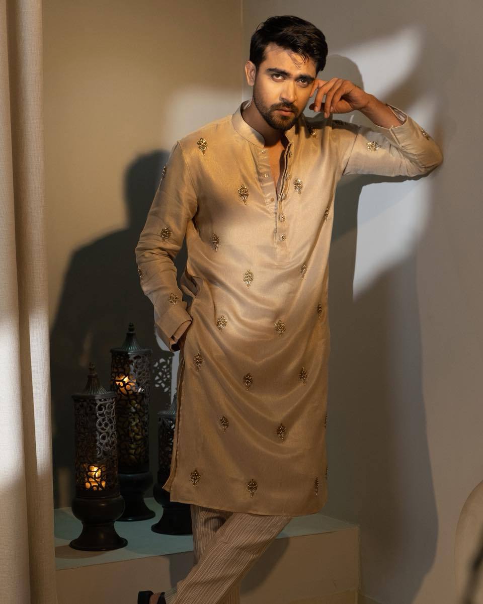 CREAM WORK MOTIF EMBROIDERED KURTA WITH  PAJAMA
