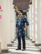 OXFORD BLUE NECK EMBROIDERED WORK KURTA WITH PAJAMA FOR MENS