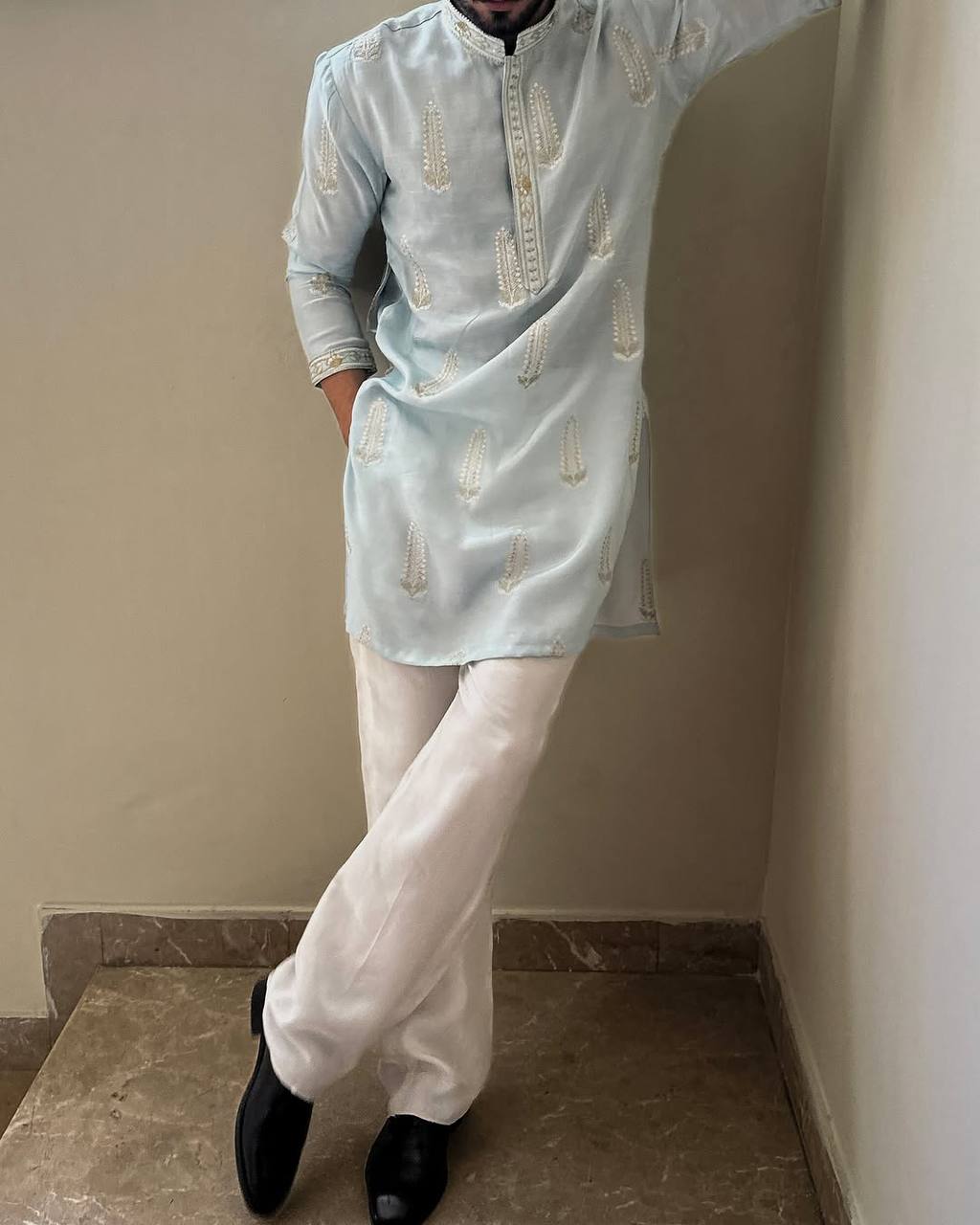 STYLISH SKY BLUE  EMBROIDERY WORK DESIGNER KURTA FOR MEN'S