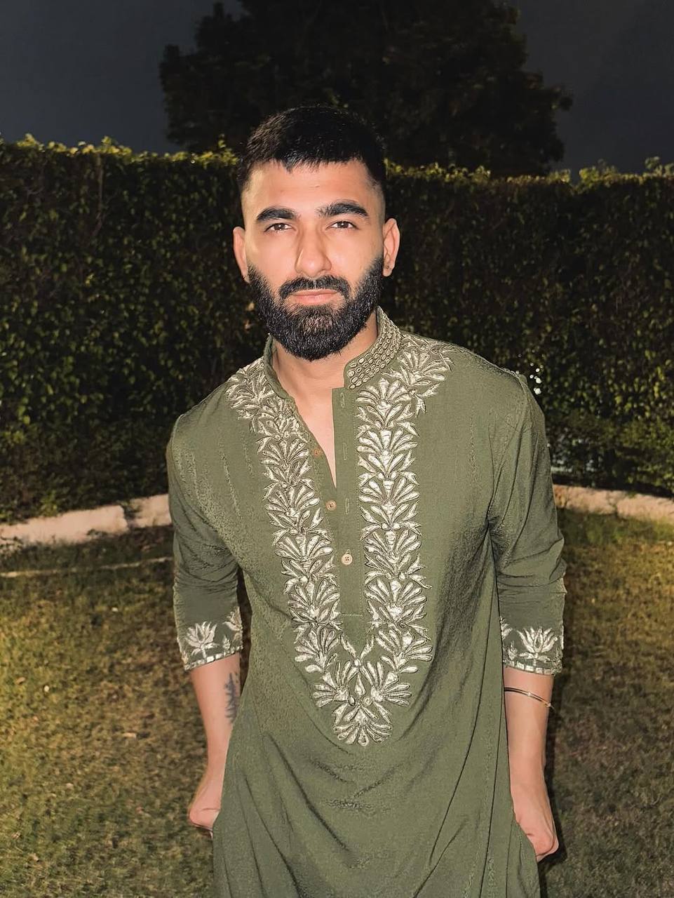 PISTA GREEN  LEAF FOIL WORK EMBROIDERED KURTA WITH PAJAMA