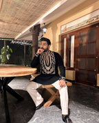 BLACK STYLISH NECK PATTERN  EMBROIDERED WORK KURTA WITH PAJAMA FOR MENS