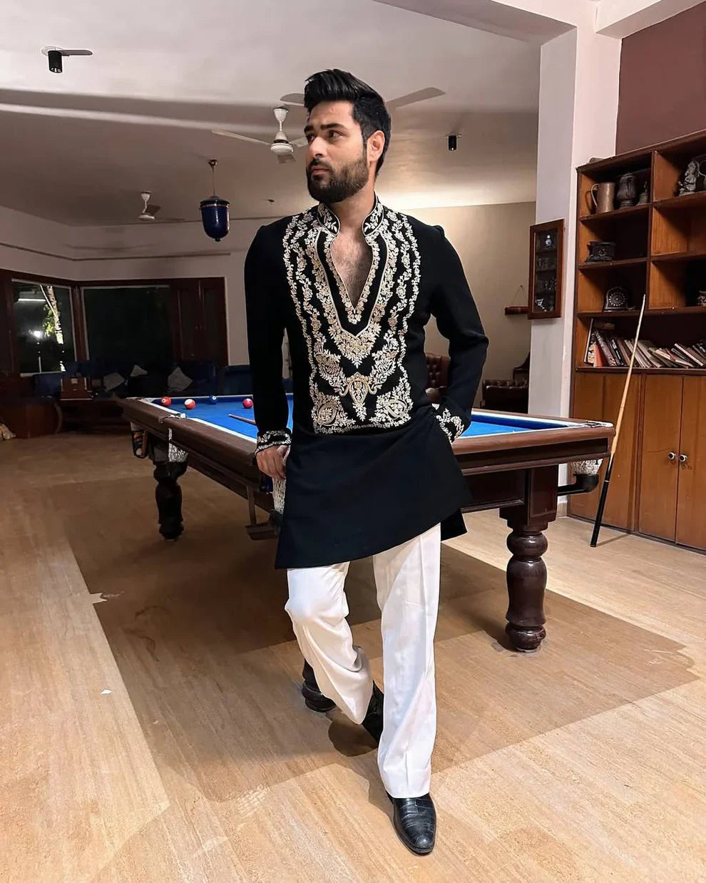EID SPECIAL BLACK STYLISH NECK PATTERN EMBROIDERED WORK KURTA WITH PAJAMA FOR MENS