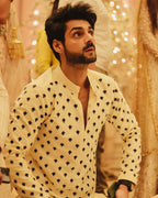 CREAM COLORED KURTA WITH BLACK LEAF MOTIFS KURTA WITH PAJAMA