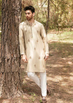 MID CREAM EMBROIDERY WORK MEN'S KURTA WHITE PAJAMA