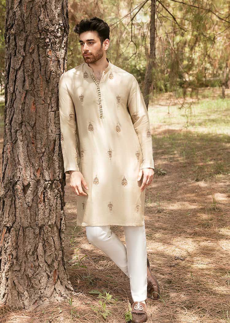 MID CREAM EMBROIDERY WORK MEN'S KURTA WHITE PAJAMA