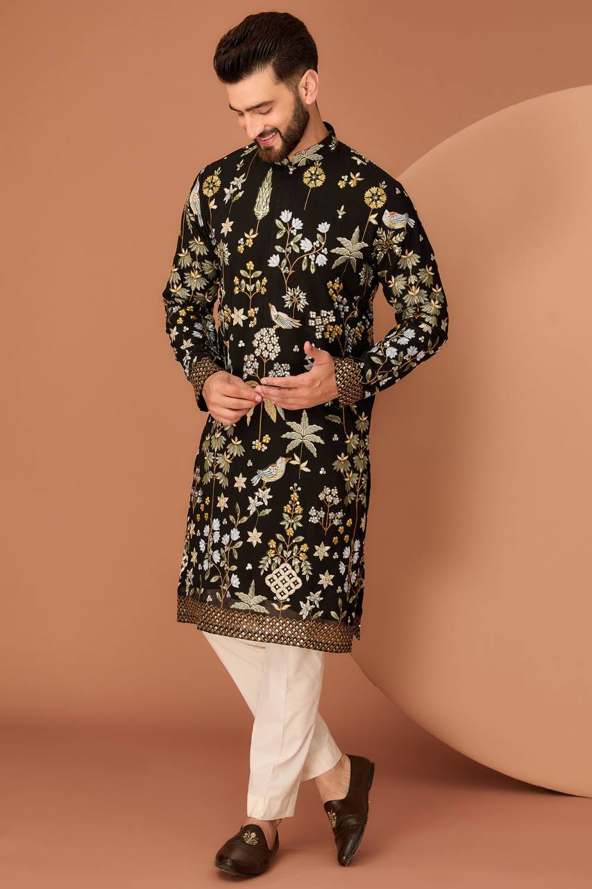 Men's Georgette Persian Embroidered BLACK  & Multi Long Kurta