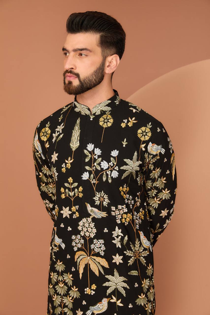 Men's Georgette Persian Embroidered BLACK  & Multi Long Kurta