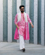Pink Mirror Work Kurta pajama and dupatta set For Men