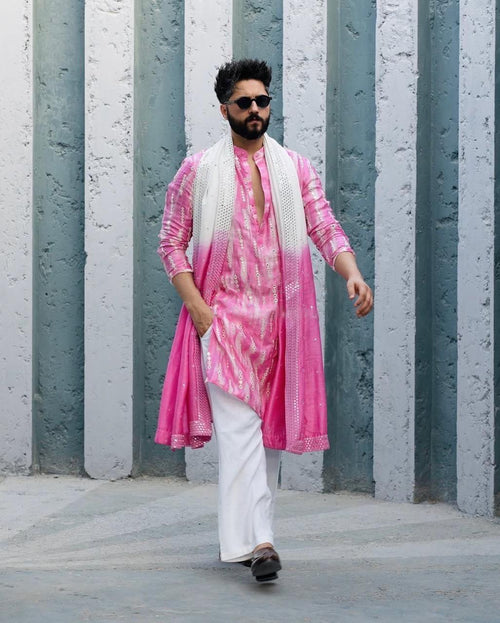 Pink Mirror Work Kurta pajama and dupatta set For Men