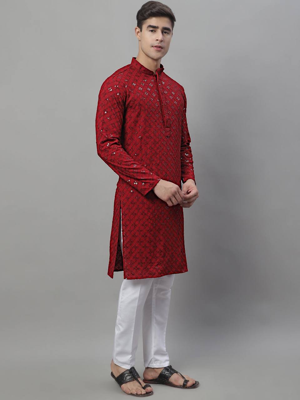 The Red Schiffli Embroidered Work Men's Kurta with Pajama