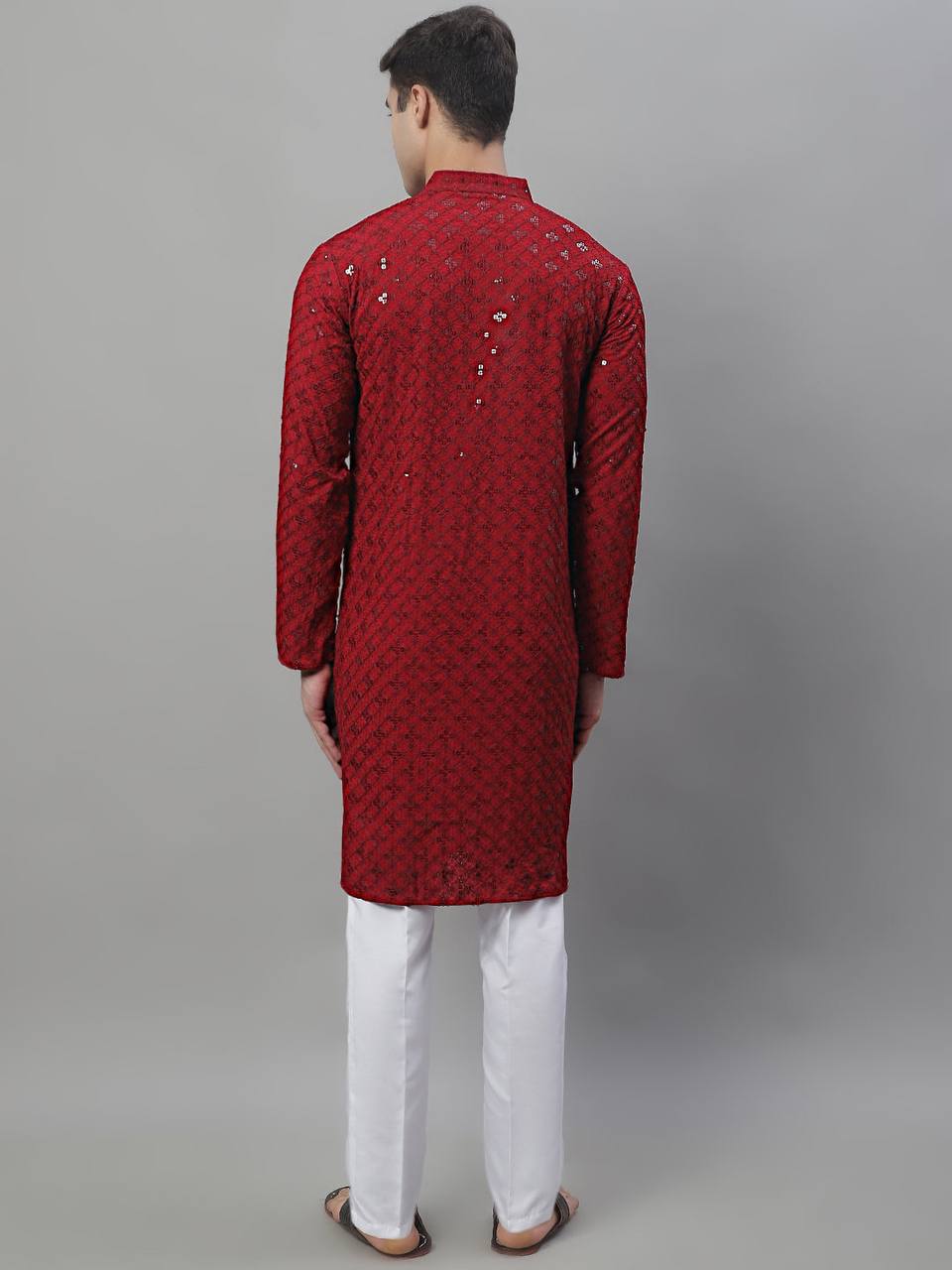 The Red Schiffli Embroidered Work Men's Kurta with Pajama