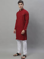 The Red Schiffli Embroidered Work Men's Kurta with Pajama