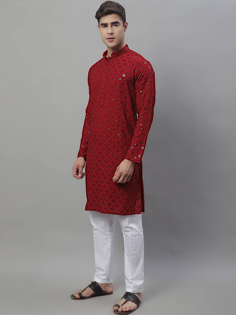 The Red Schiffli Embroidered Work Men's Kurta with Pajama