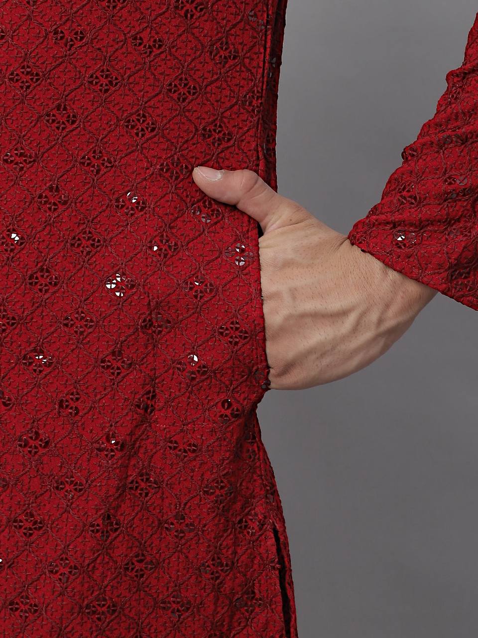 The Red Schiffli Embroidered Work Men's Kurta with Pajama