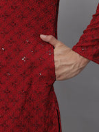 The Red Schiffli Embroidered Work Men's Kurta with Pajama