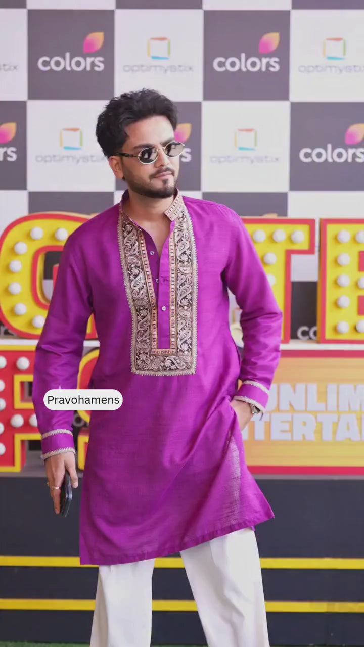 Wine Embroidered Kurta Pajama Set for Men – Festive & Wedding Wear