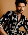 BLACK VELVAT KURTA With WHITE THERD  EMBROIDERY KURTA  PANT SET