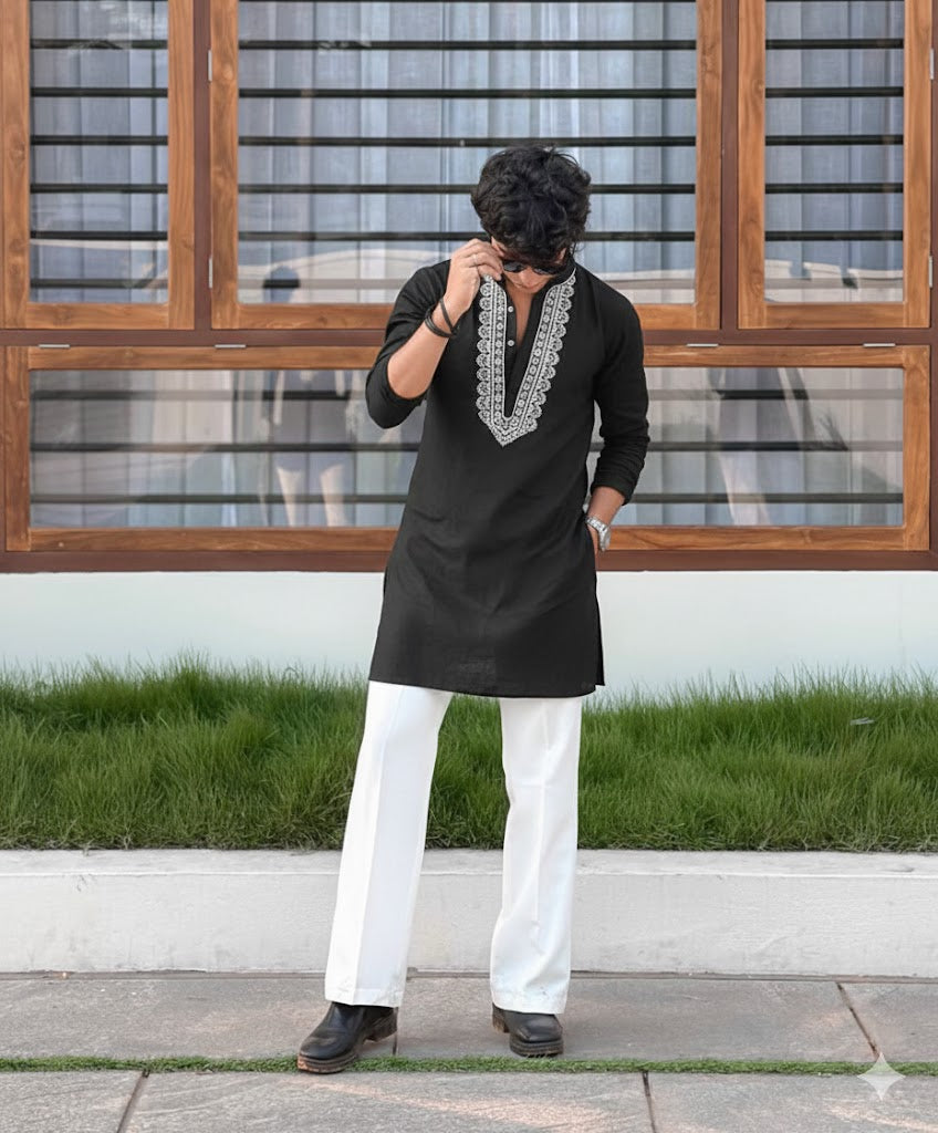 BLACK V NECK EMBROIDERED THRED KURTA WITH PAJAMA