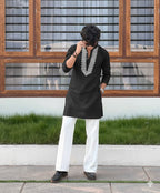 BLACK V NECK EMBROIDERED THRED KURTA WITH PAJAMA