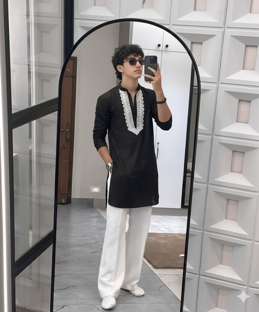BLACK V NECK EMBROIDERED THRED KURTA WITH PAJAMA