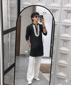 BLACK V NECK EMBROIDERED THRED KURTA WITH PAJAMA